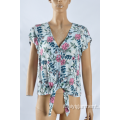 Camicette da donna con stampa rayon a maniche corte con scollo a V